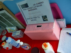 Donation box at an ear acupuncture project in the border region...